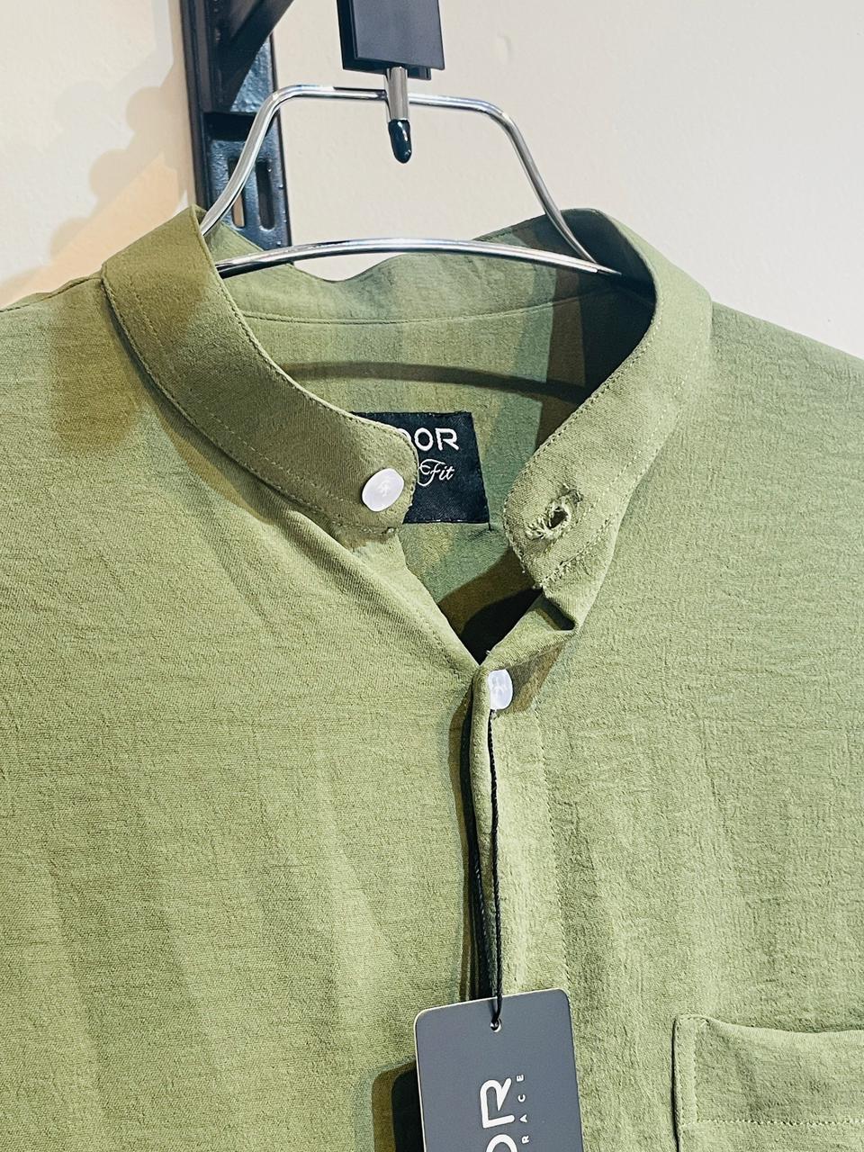 Men's Olive Cotton Band Collar Shirt - Image 2