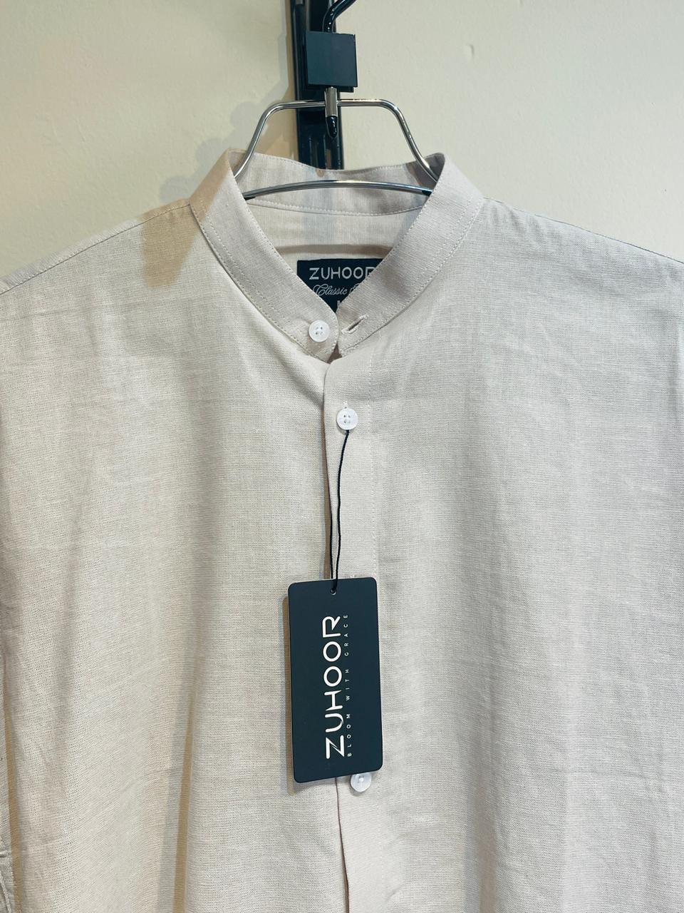 Men's Band Collar Shirt-Beige - Image 3